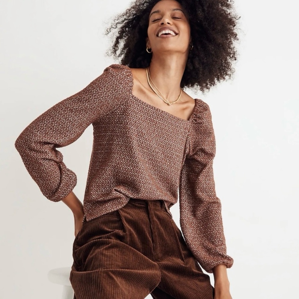 Madewell Jacquard Puff Sleeve Button Front Crop Top in Dark Merlot Size Smalll